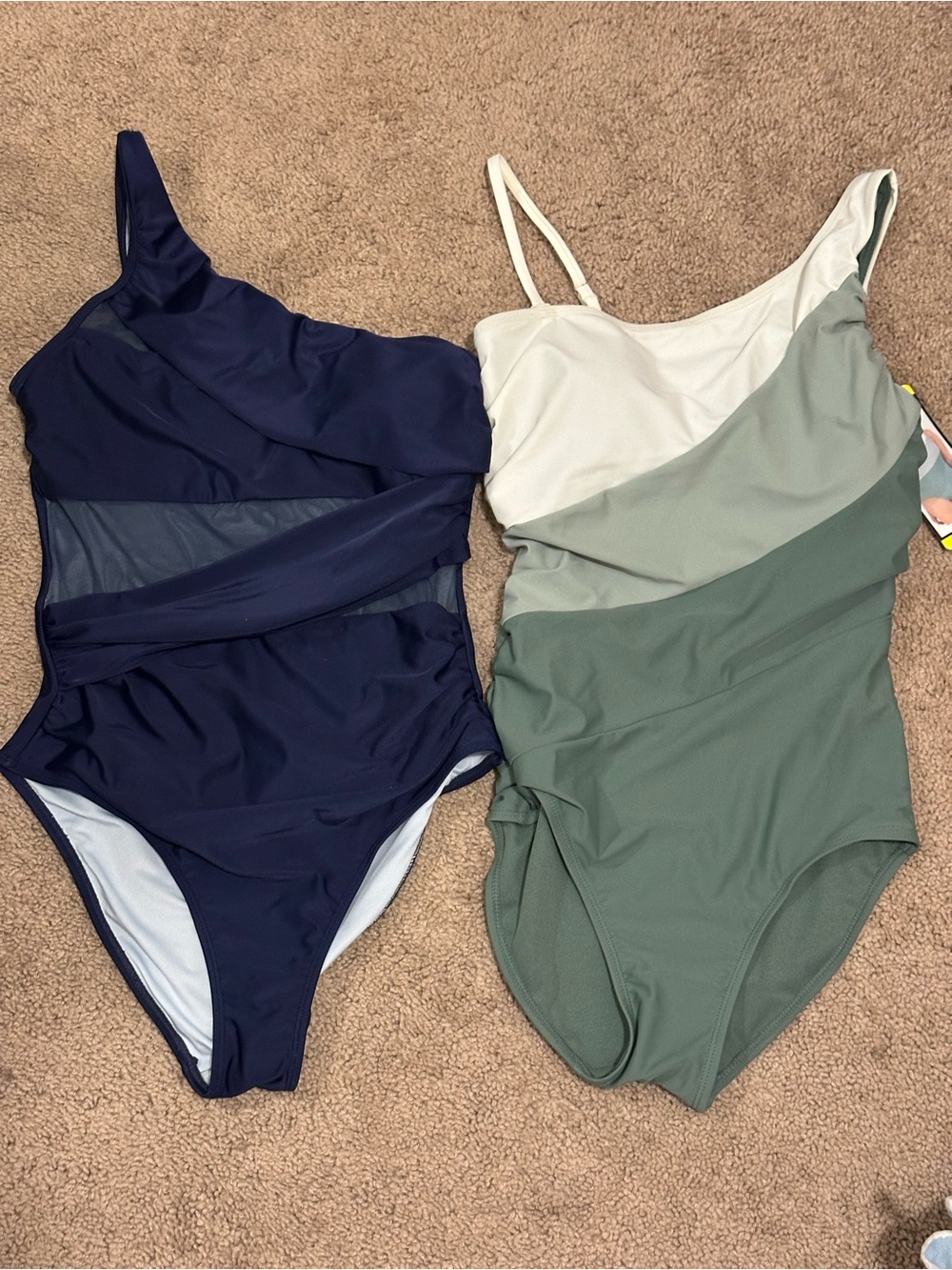 Two-  One-Shoulder Swimsuits in Sage Green and Navy